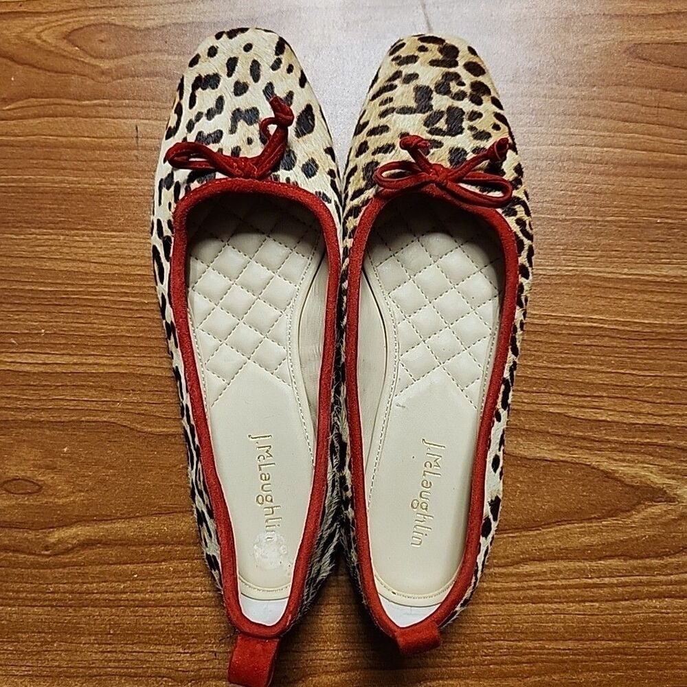 J. McLAUGHLIN Anastasia Leopard Calf Hair Ballet Flats Red Trim Sz 7.5 - Picture 2 of 12